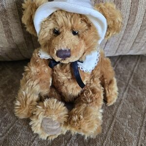 Adorable Mayflower Ross Tan Teddy Bear with Brown Eyes/White Hat/black Bow #259